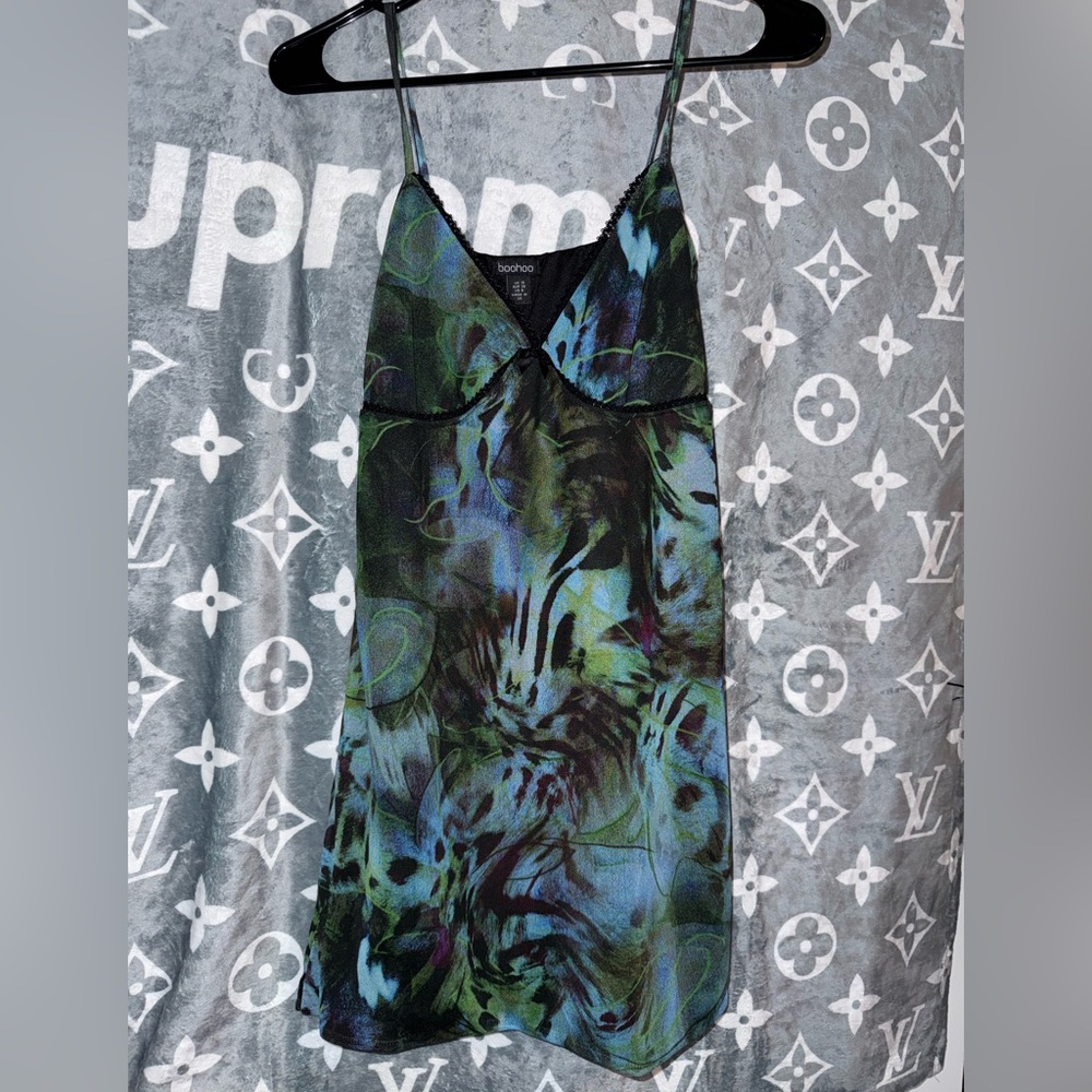Boohoo X Megan Fox Black and Green Mesh Detail Dress